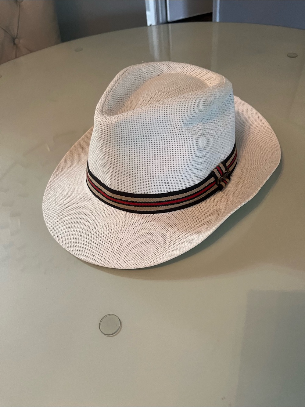 Lucky 7 White Woven Straw Fedora Panama Beach Hat red green band